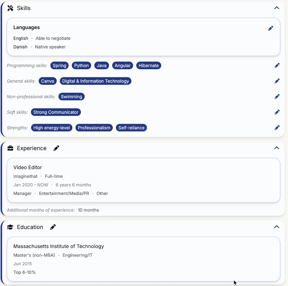 Candidate experience and skills